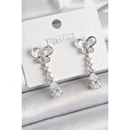 Pirinç Gümüş Renk Kelebek Model Sallantı Damla Zirkon Taşlı Kadın Küpe