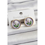 Pirinç Mor Mineli Lale Figürlü Sanatsal Portre Model Gold Renk Kadın Küpe