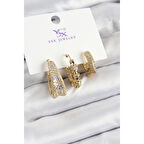 Pirinç Zİrkon Taşlı Halka Model Gold Renk 3'lü Kadın Küpe