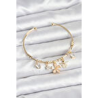 Çiçek ve Kelebek Charmlı Gold Renk Pirinç Kadın Bileklik