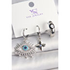 Pirinç Gümüş Renk Zirkon Taşlı Göz Model Nazar Boncuk Detay 3'Lü Kadın Kombin Küpe