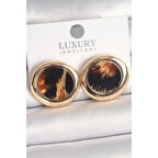 Pirinç Gold Renk Leopar Desen Daire Model Kadın Küpe
