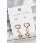 Pirinç Gold Renk Zirkon Taşlı Sallantı Kalp Model Kadın 3 Çift Küpe Seti