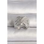 Pirinç Gümüş Renk Ayarlanabilir Zirkon Taşlı X Model Kadın Yüzük