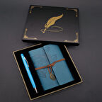 Metal Kalem Ve Mavi Deri Defter