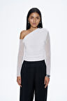 Düşük Omuz Detaylı Tül Bluz Ekru