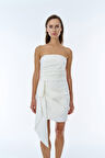 Drape Detaylı Straplez Mini Elbise Ekru