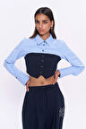 Garni Düğmeli Crop Gömlek Mavi