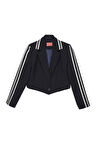 Yazı Şeritli Tek Düğmeli Crop Blazer Ceket Lacivert