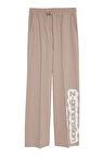 Paçası Yazılı Beli Lastikli Çizgili Pantolon Bej
