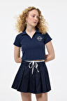 Polo Yaka Baskılı Crop Tişört Lacivert