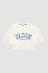 Nakış Yazılı Çiçek Desenli Crop Tişört Ekru