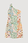 Tek Omuz Renkli Desenli Keten Mini Elbise Naturel
