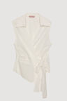 Kruvaze Yaka Bağlamalı Kolsuz Bluz Ekru