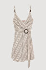 İnce Askılı Kemer Aksesuarlı Çizgili Mini Elbise Naturel