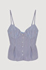 Çizgili Pile Detaylı İnce Askılı Bluz Mavi