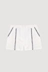 Dikiş Çizgili Keten Mini Şort Beyaz