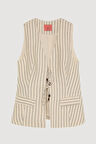 Kruvaze Yaka Bağlamalı Çizgili Yelek Naturel
