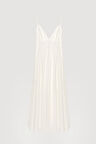 İnce Askılı V Yaka Uzun Elbise Ekru