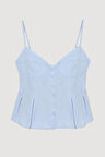 Pile Detaylı Düğmeli İnce Askılı Bluz Mavi