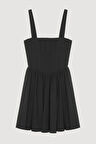 Kalın Askılı Pileli Mini Elbise Siyah
