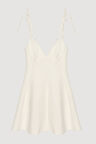 Kalp Yaka Bağlamalı İp Askılı Mini Elbise Ekru