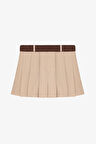 Kontrast Bel Pileli Mini Şort Etek Bej