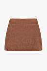 Fitilli Cep Detaylı Kadife Mini Etek Kahverengi