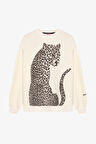Leopar Figürlü Kolu Yazı Baskılı Sweatshirt Ekru