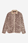 Leopar Desenli Kontrast Yaka Kapitone Ceket Kahverengi