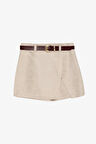 Kemerli Kruvaze Tüvit Şort Etek Bej