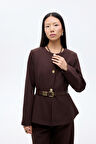 Kemer Aksesuarlı Yuvarlak Yaka Ceket Koyu Kahve