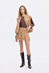 Zikzak Dikiş Detaylı Süet Görünümlü Mini Etek Bej