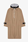 Kapüşonlu Kontrast Yaka Detaylı Oversize Trençkot Camel