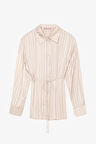Parlak Dokulu Çizgili Belden Bağlamalı Gömlek Bej