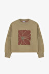Çiçek Baskılı Oversize Sweatshirt Haki