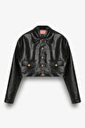 Çift Cepli Düğmeli Crop Deri Ceket Siyah