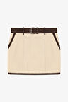 Kontrast Dikiş Detaylı Kemerli Mini Etek Bej