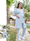 Bone Club 5605 Mavi V Yaka  3Lü Hamile Lohusa Pijama Sabahlık Tk