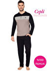 Erkek 3 Düğmeli %100 Pamuk Mevsimlik Uzun Kol Cepli Pijama Takımı