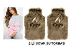 SICAK SU TORBASI 2 ADET,PELUŞ PONPONLU KAHVERENGİ 28x18x2cm 1 Litre