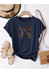 Unisex Leopar Desenli Kurdele Özel Tasarım Ön Baskılı Tasarım Tshirt
