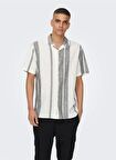 Only & Sons Normal Beyaz Çizgili Erkek Gömlek ONSCAIDEN SS STRIPE LINEN RESORT SH