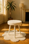 Gürgen Ahşap Retro Ayak Dekoratif Beyaz Pelüş Puf Tabure Bench Koltuk Sandalye