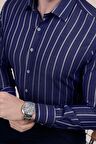 Lacivert Beyaz Çizgili Slimfit Erkek Gömlek