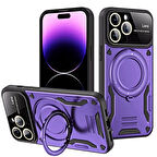iPhone 16 Pro Kılıf Manyetik Standlı Joy Lens Premium Tank Silikon Kapak - Mor