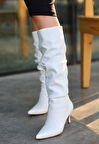 BİÇOMİ Zelya Beyaz Cilt Topuklu Çizme