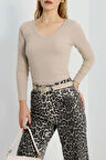 BİÇOMİ V yaka kaşkorse bluz bej a3699