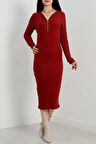 BİÇOMİ Fermuar detaylı fitilli şardonlu elbise bordo a3178