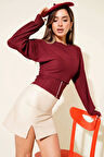 BİÇOMİ Fitilli Bisiklet Yaka İkili Bluz bordo T4341